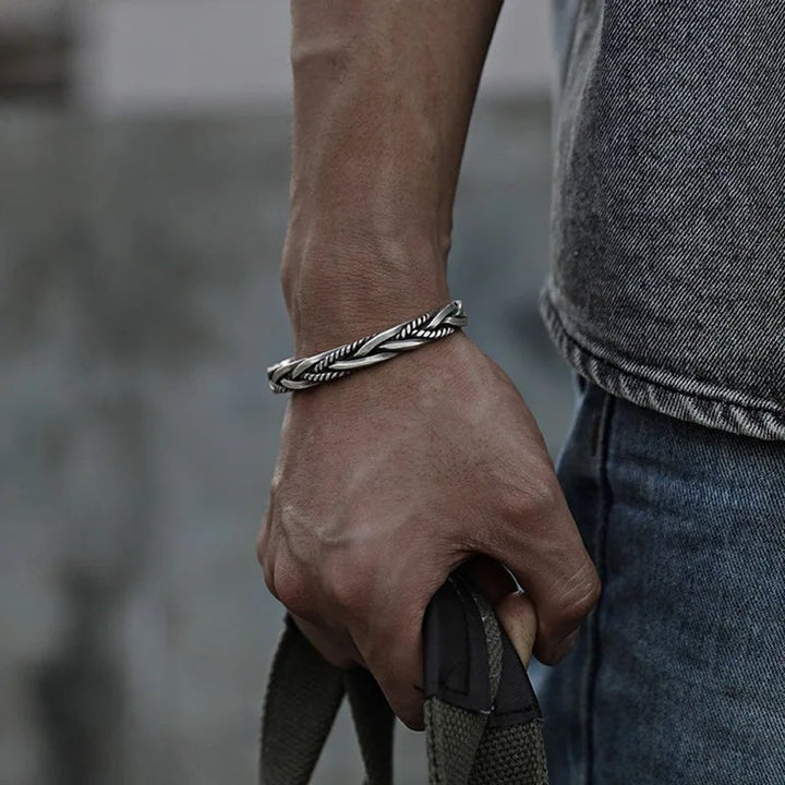 Men's classic braided sterling silver cuff bracelet, an elegant open cuff design for him.