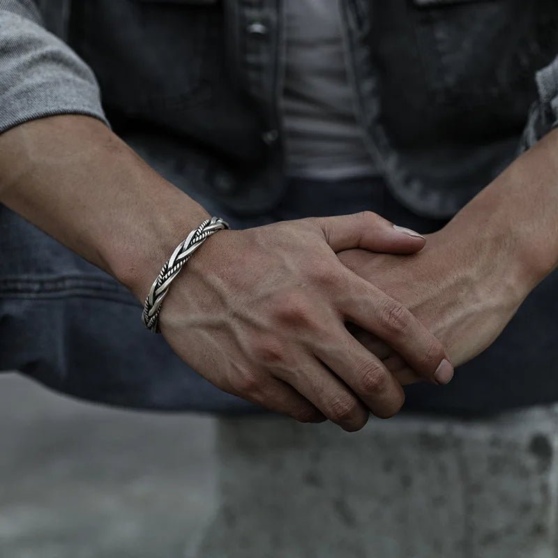 Oxidized sterling silver braided cuff bracelet for men, a classic open design and perfect men's jewelry gift.