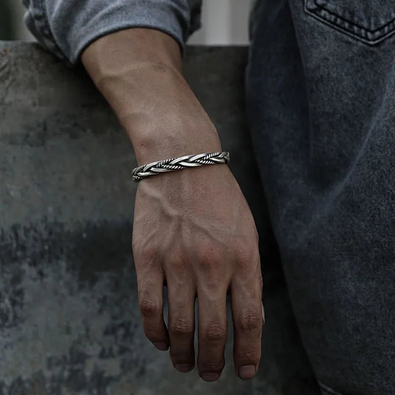 Stylish men's braided sterling silver cuff bracelet, a fashionable open cuff and ideal men's jewelry gift.