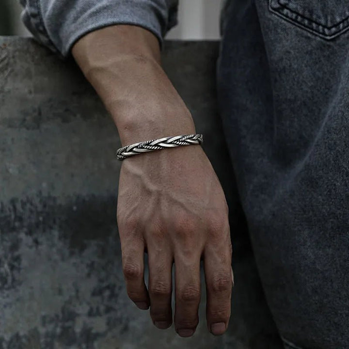 Stylish men's braided sterling silver cuff bracelet, a fashionable open cuff and ideal men's jewelry gift.
