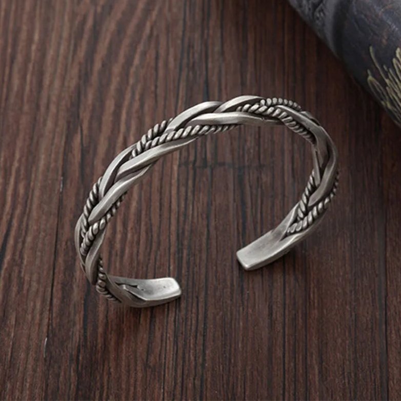 Handcrafted braided sterling silver men's cuff bracelet, a durable and classic piece of men's jewelry.