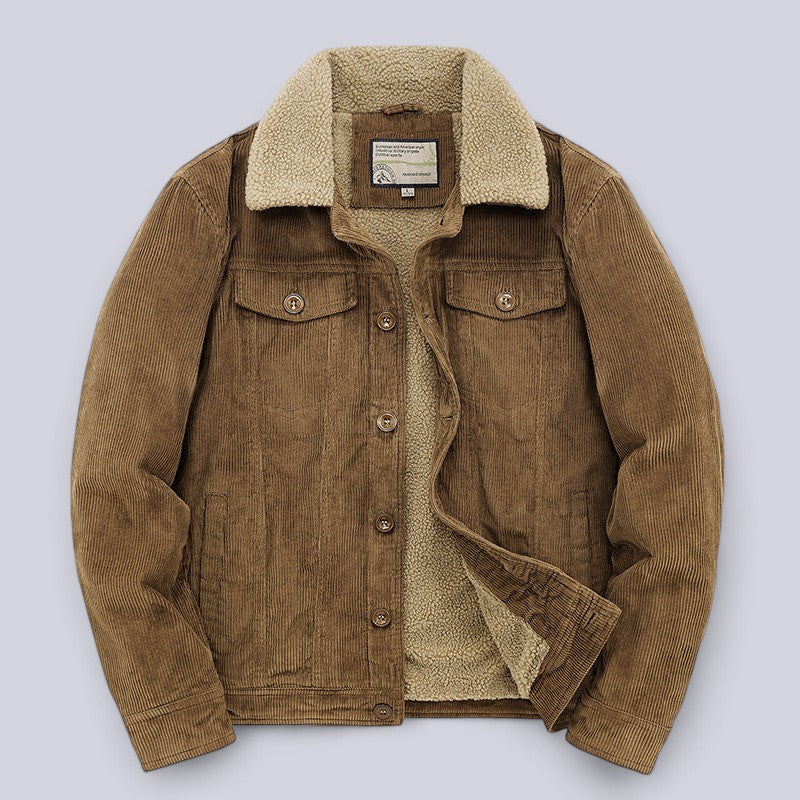 Men's classic brown corduroy jacket with button-front closure, perfect for autumn casual wear