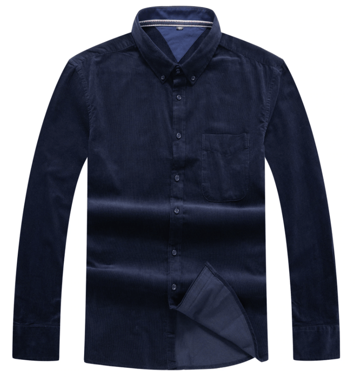 Men's classic brown corduroy long sleeve button-up shirt, perfect for fall casual wear