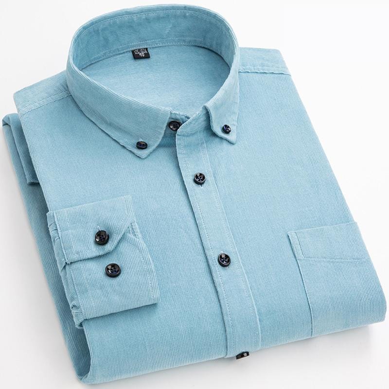 Men's fall fashion: a corduroy button-up shirt paired with jeans for a casual look