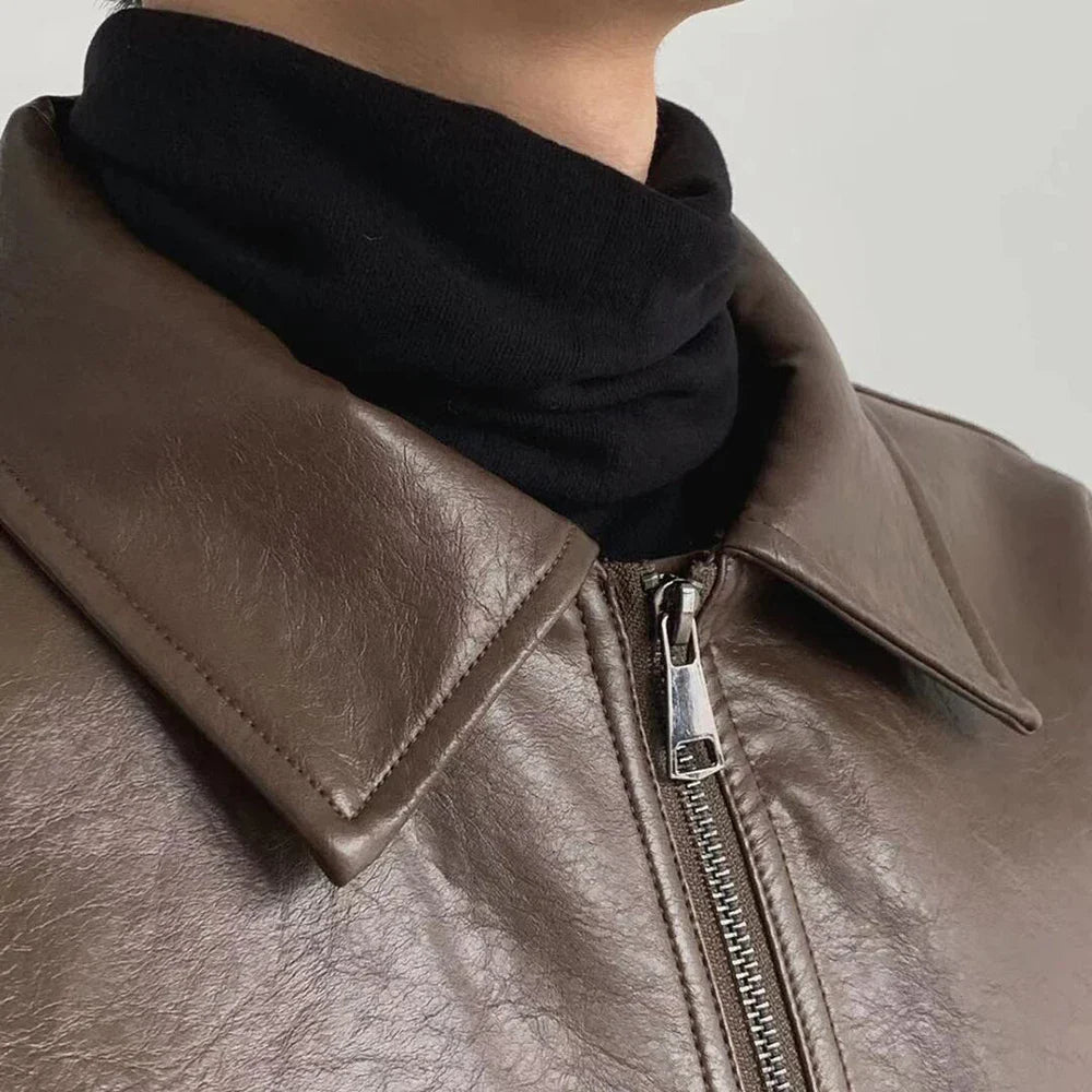 Men's classic brown faux leather bomber jacket, front view, for stylish casual wear.