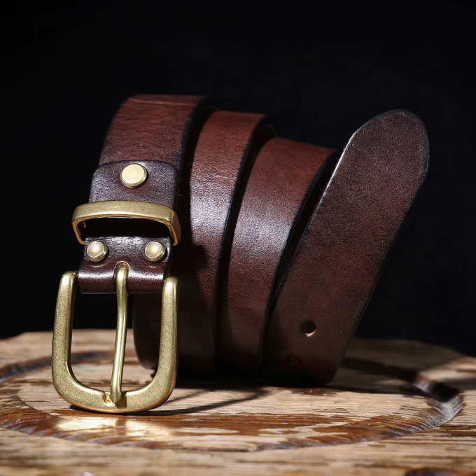 Durable brown men's full-grain leather belt with a simple, elegant buckle