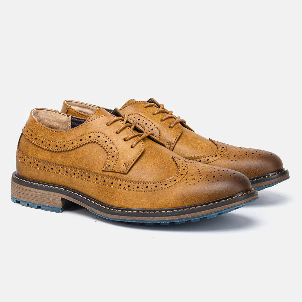 Close-up of the intricate brogue detailing on men's black leather dress shoes, elegant formal footwear