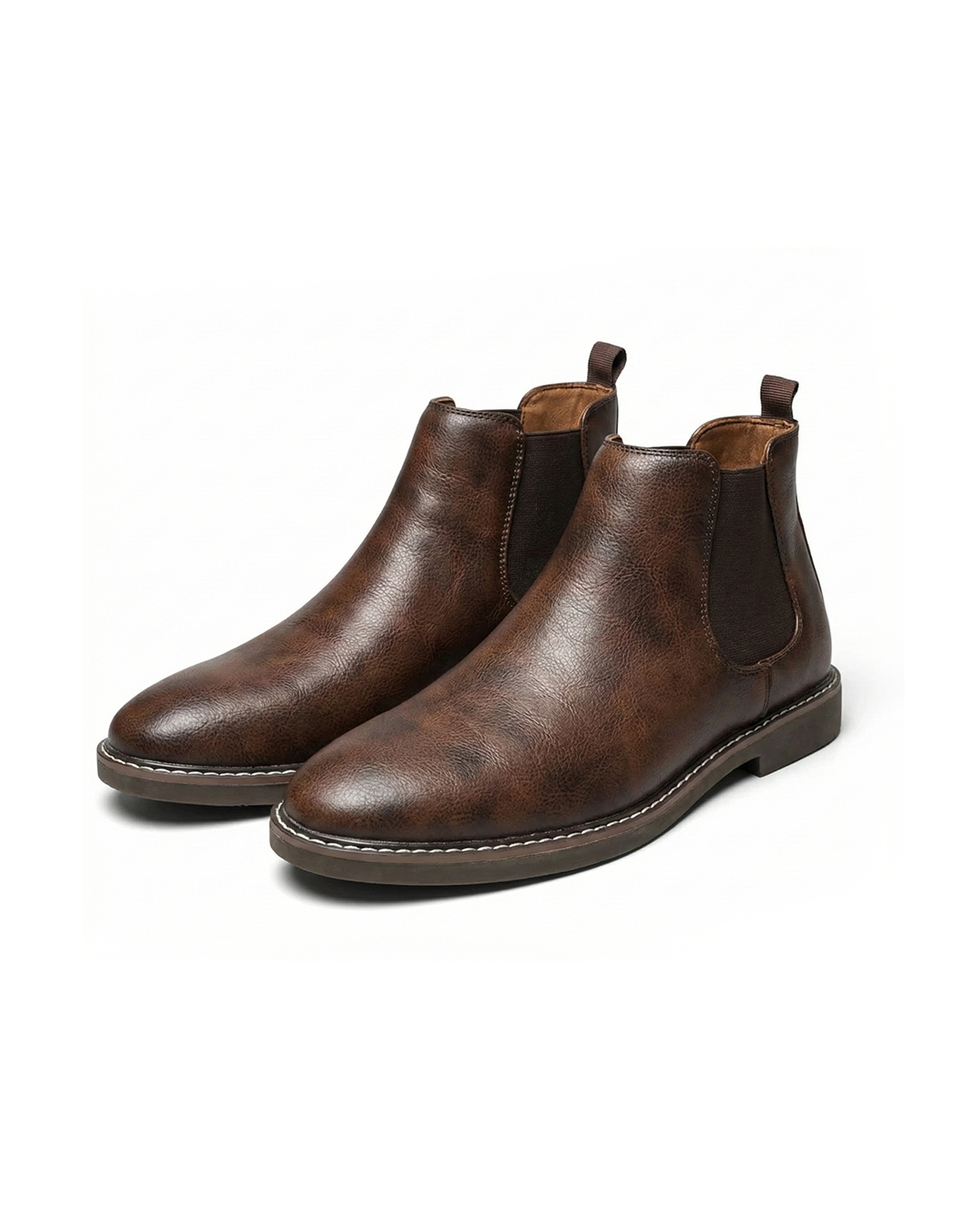 Men's classic brown leather Chelsea boots, side view, showcasing elastic gore & pull tab.