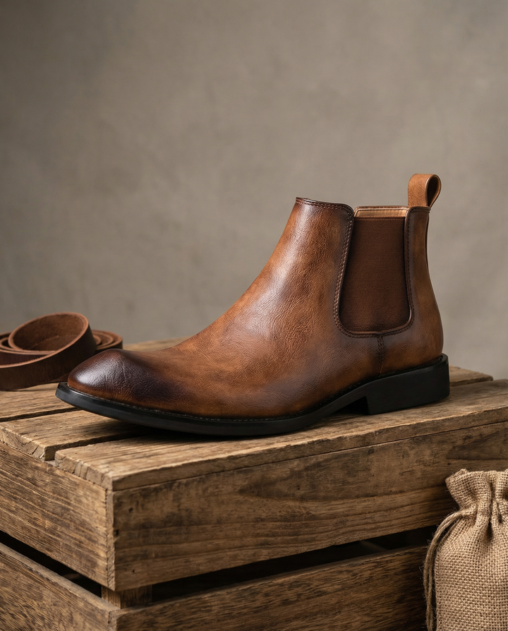 Stylish men's black leather Chelsea boots, front angled view, low heel, perfect for casual or dress