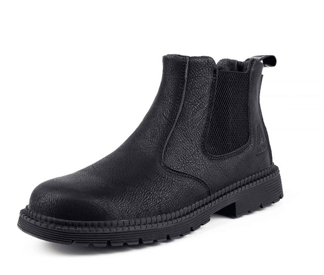 Pair of men's versatile tan leather Chelsea boots, front view, ideal casual boots for modern men's fashion.