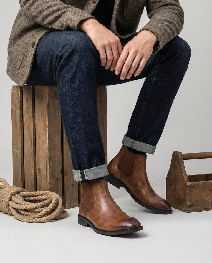 Close-up of a dark brown leather Chelsea boot, showcasing the smooth leather texture and stitching