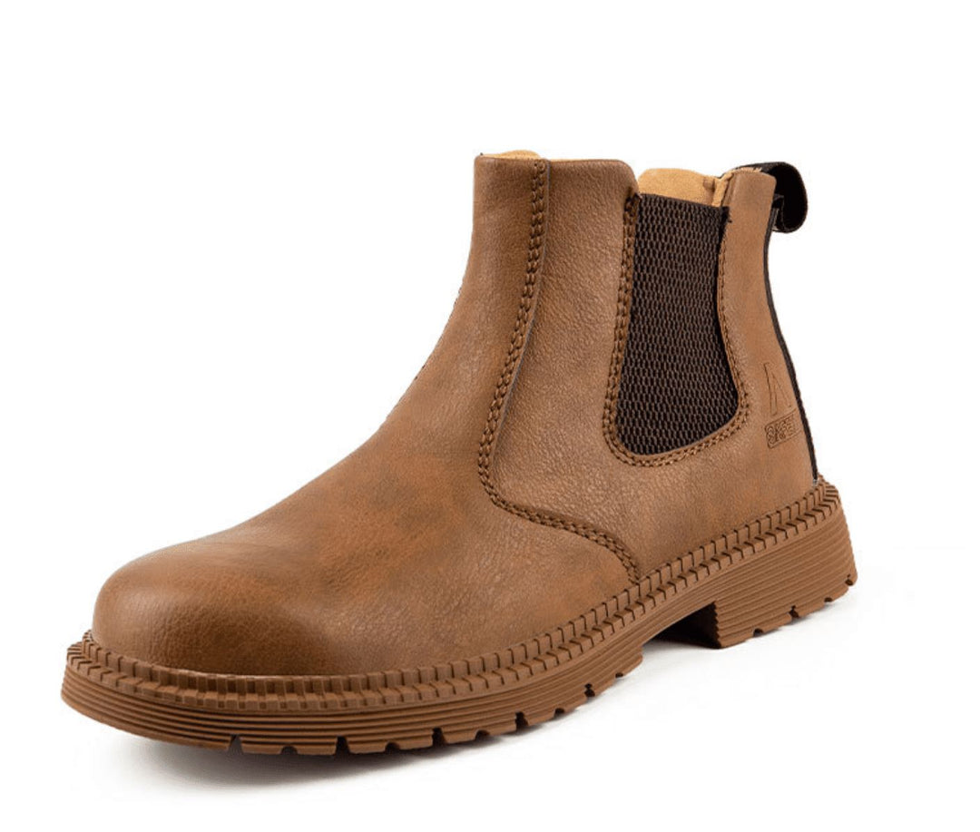 Stylish men's dark brown leather Chelsea boots, angled shot, highlighting slip-on convenience and durable sole.