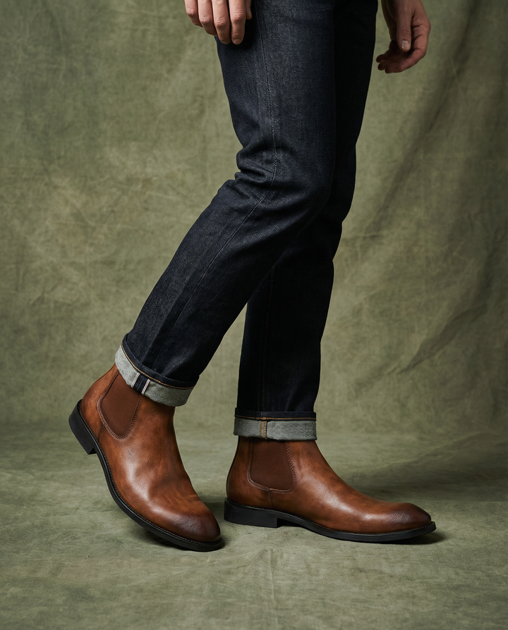 Men's black leather Chelsea boots, side profile, highlighting the ankle-high design and elastic gusset