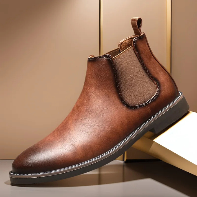 Men's slip-on black leather Chelsea boots, close-up of elastic side panel.
