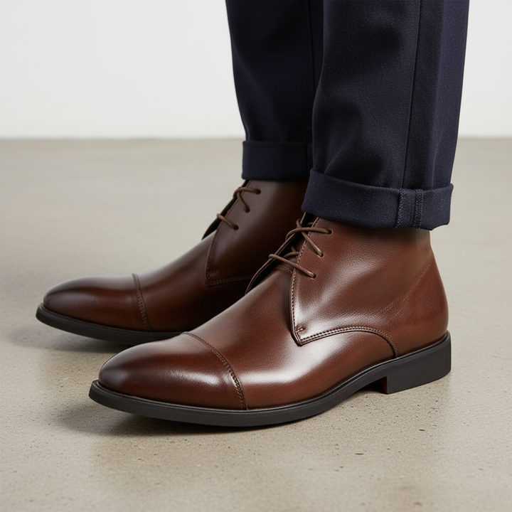Close-up of the rich brown leather texture of Men's Classic Chukka Boots, showing craftsmanship.