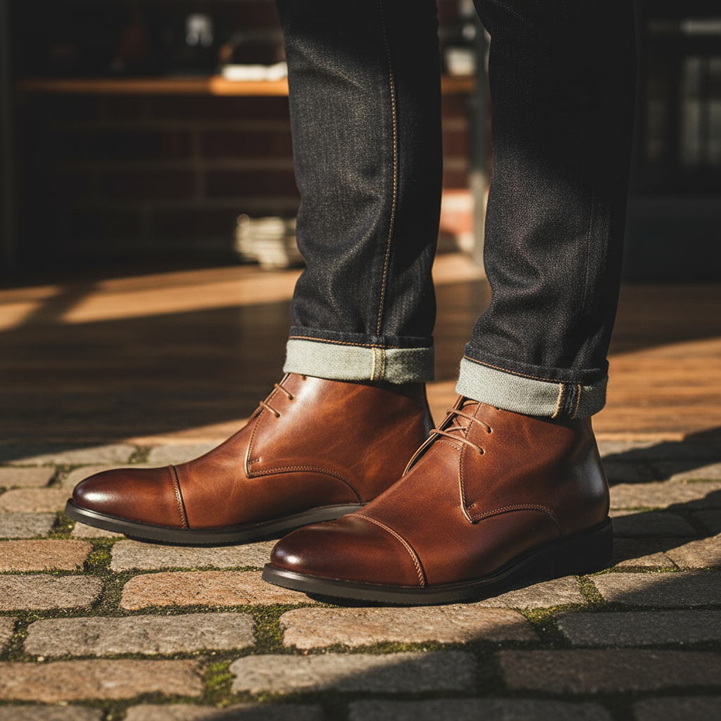 Side view of Men's Ankle-High Black Leather Chukka Boots, highlighting stitching details and sole.