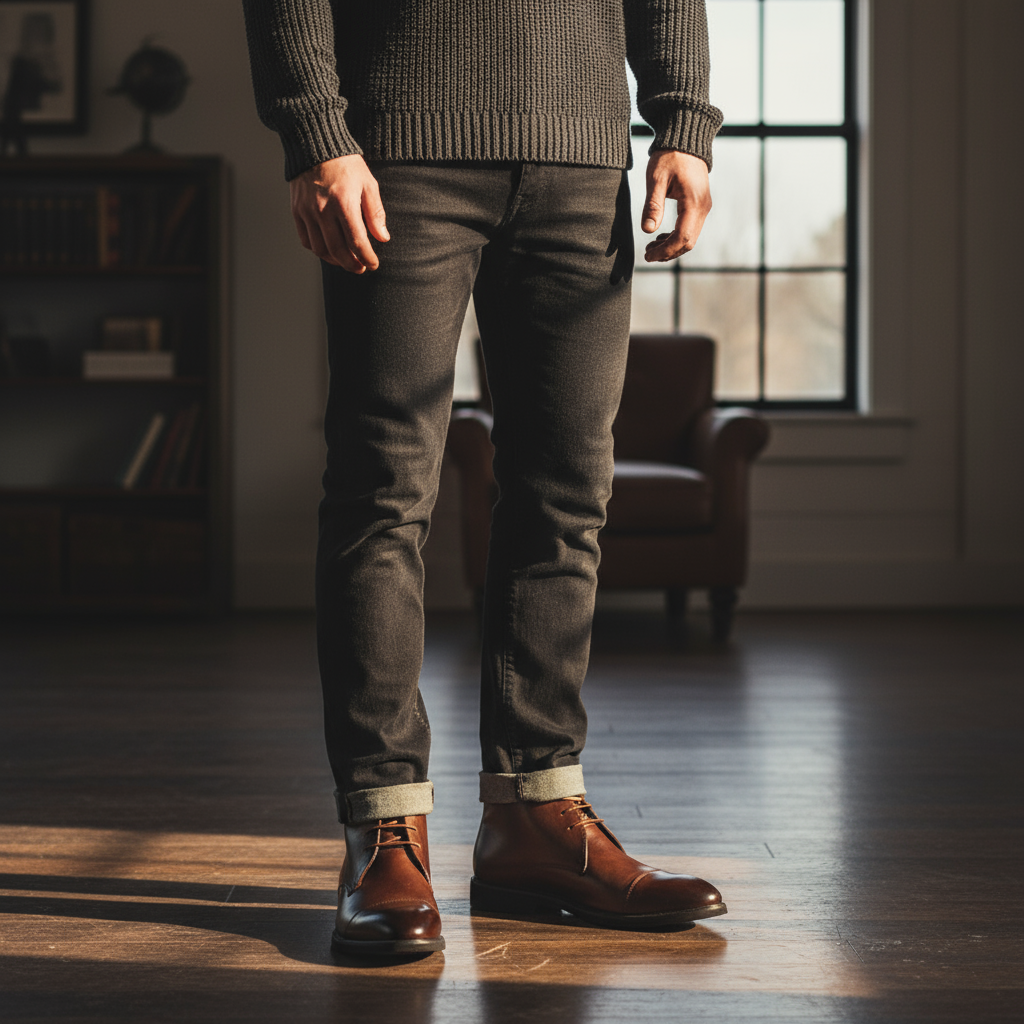 Men's fashion: Brown Leather Chukka Boots paired with dark denim jeans, a casual outfit example.