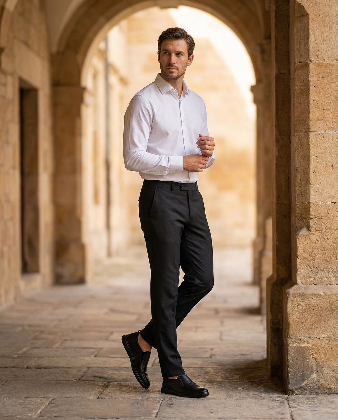 Pair of men's genuine leather slip-on loafers in dark brown, ideal for versatile styling.