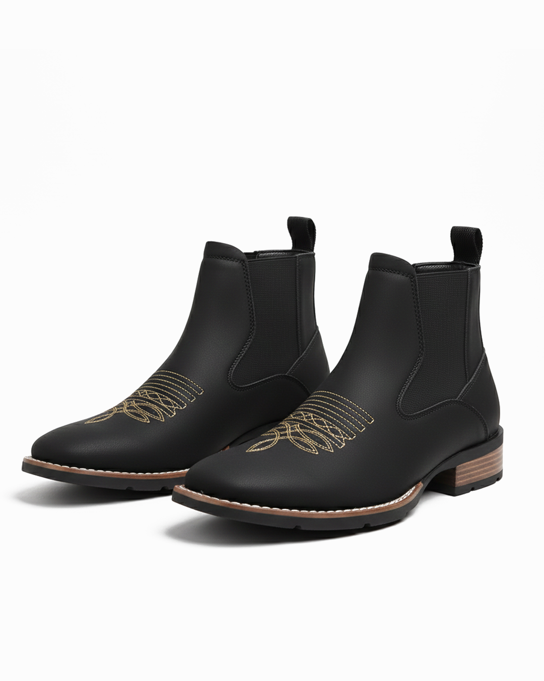 Men's classic brown leather Western Chelsea ankle boots with elastic side panels, front view