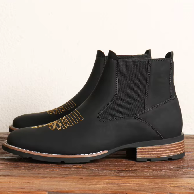 Men's cowboy style Chelsea ankle boots in dark brown, featuring a sturdy heel and pointed toe