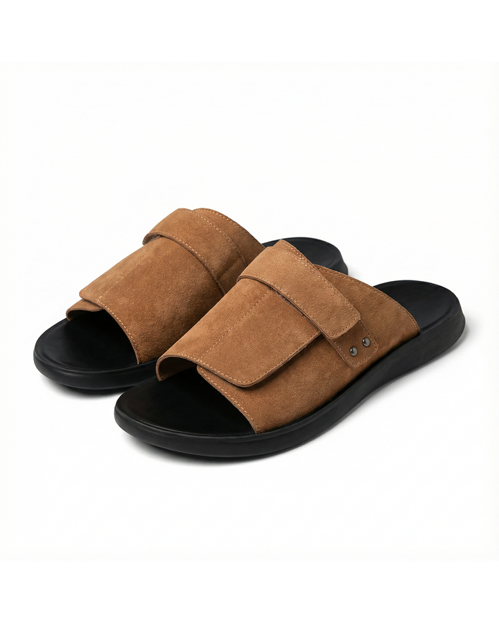 Men's classic brown suede comfort slides with adjustable strap, perfect for casual wear.