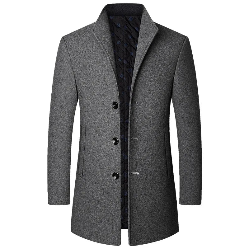 Tailored men's long coat with full button front, ideal for sophisticated cold-weather fashion.