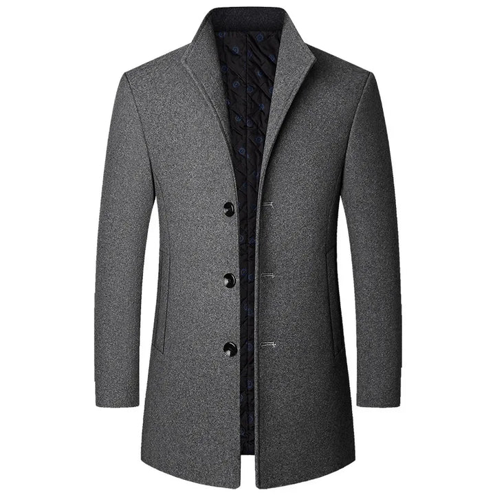 Tailored men's long coat with full button front, ideal for sophisticated cold-weather fashion.