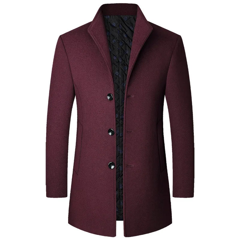 Stylish dark men's button-front long overcoat, a timeless piece for any winter wardrobe.