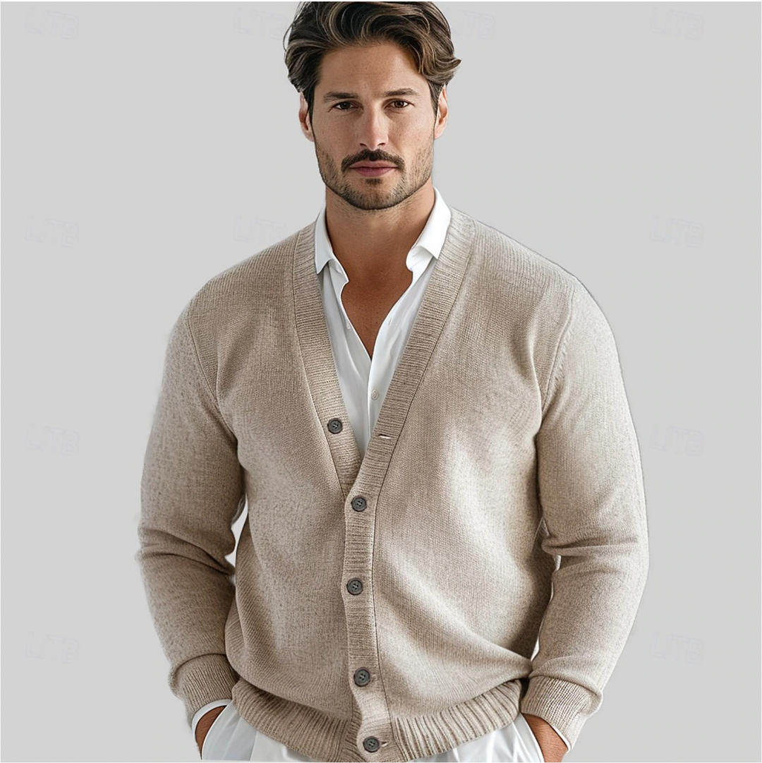 Men's classic button-up cardigan for smart casual style. Perfect versatile layering piece for autumn fashion.