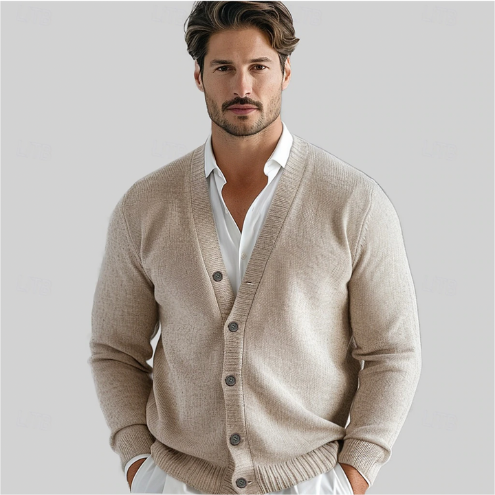 Men's classic button-up cardigan for smart casual style. Perfect versatile layering piece for autumn fashion.