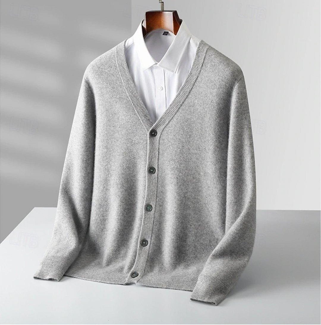 Polished men's smart casual button-up cardigan. Great for versatile autumn & winter layering and sophisticated looks.
