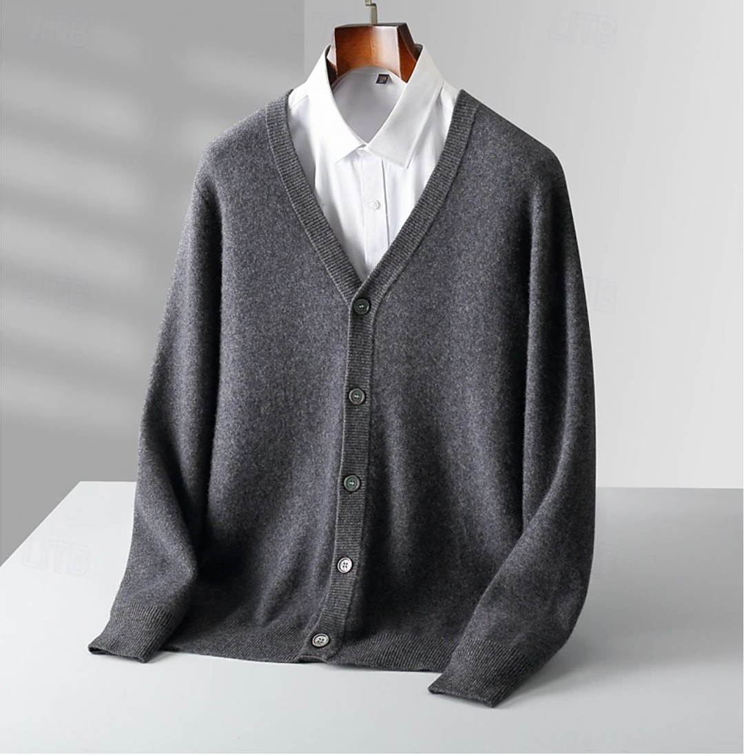 Men's classic button-up cardigan in a refined knit. A versatile layering piece for polished smart casual mens fashion.