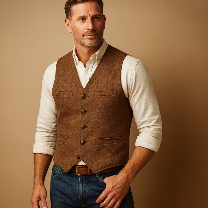 Stylish men's classic buttoned vest, a key piece for winter outfit layering & men's fashion.