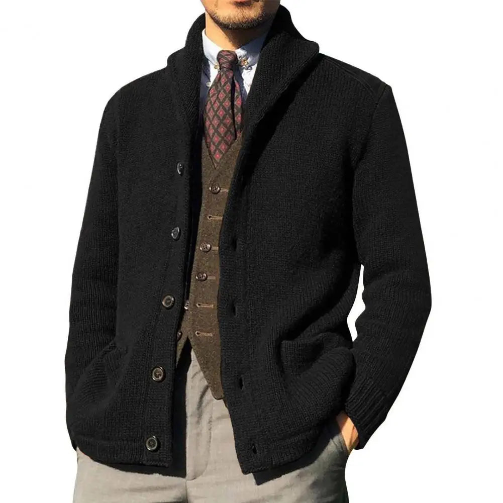 Men's classic cable knit button-front cardigan in a rich navy color, perfect for fall fashion.