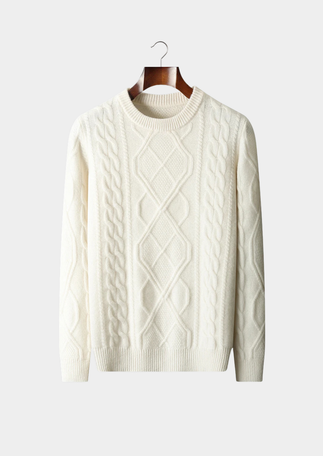 Men's classic cable knit crew neck sweater. Warm, stylish, and cozy for winter wear.