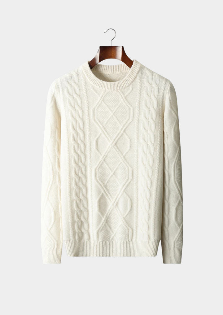 Men's classic cable knit crew neck sweater. Warm, stylish, and cozy for winter wear.