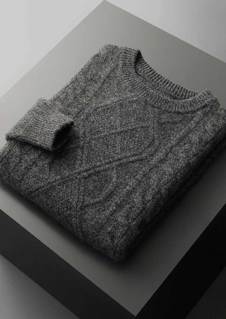 Versatile men's cable knit crew neck sweater, a stylish and warm casual layering piece for winter.