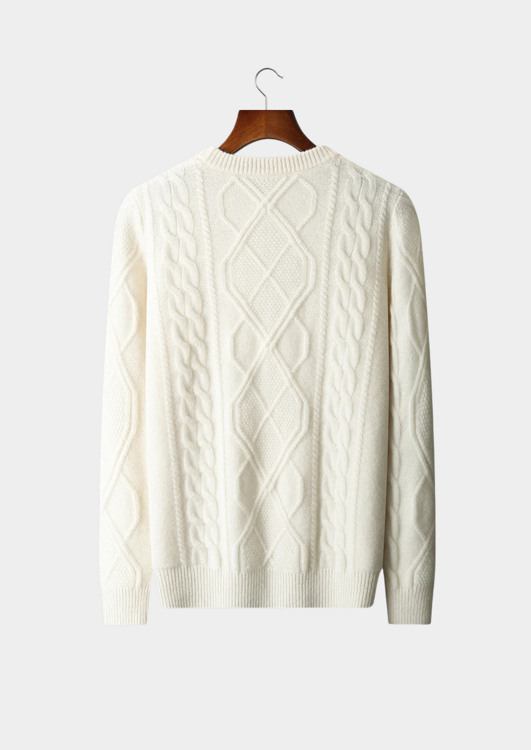 Cozy men's cable knit sweater with a classic crew neck, perfect for warm winter style.