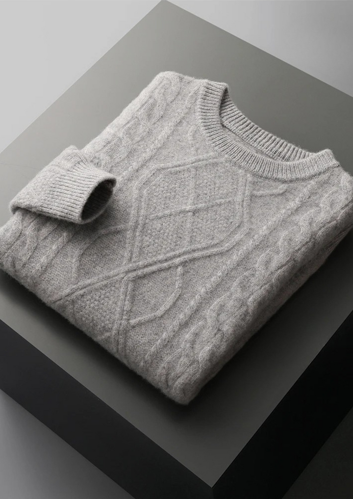 Classic men's warm cable knit crew neck sweater, perfect for cozy and stylish winter layering.