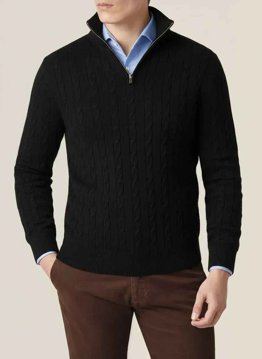Men's classic cable knit half-zip jumper with stand collar. Ideal for smart casual winter layering and comfort.
