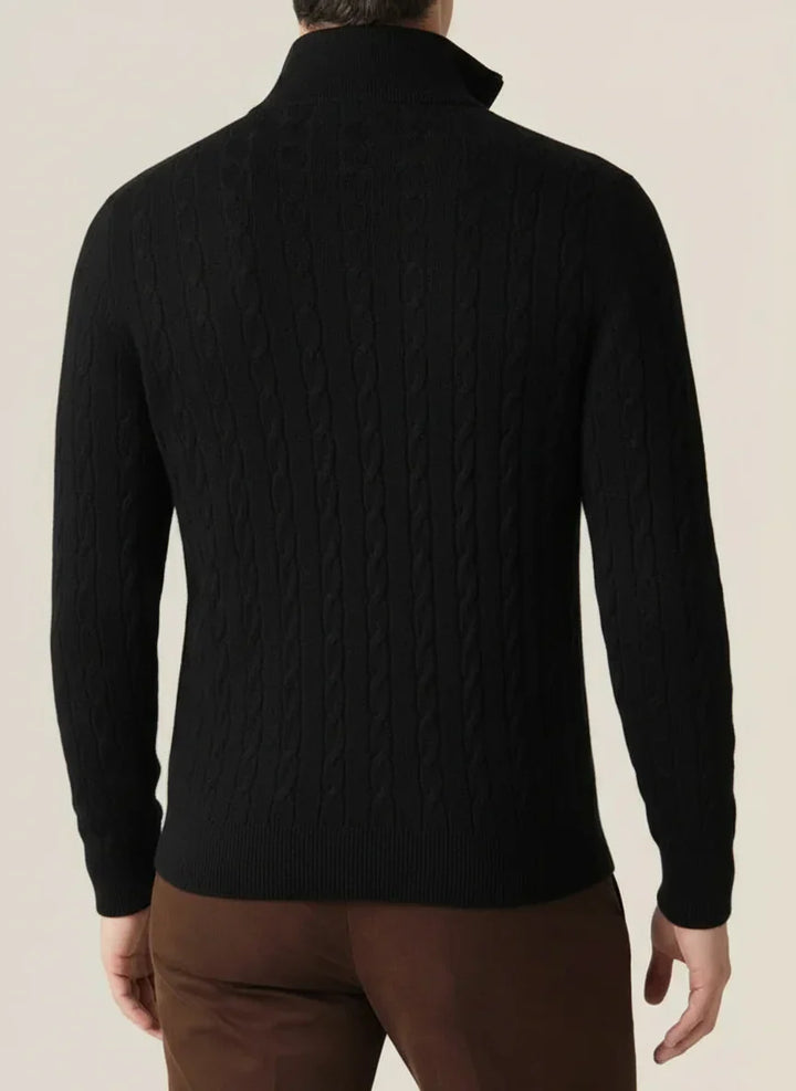 Textured men's cable knit half-zip sweater with ribbed trim. Warm, versatile pullover for autumn & winter style.