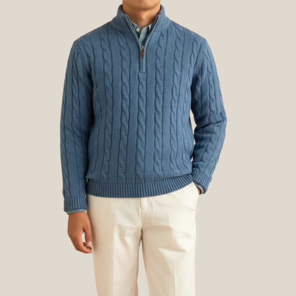 Stylish men's half-zip cable knit jumper. Stand collar design, perfect for smart casual autumn/winter outfits.