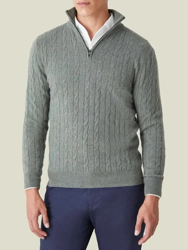 Versatile men's cable knit half-zip sweater. Great for layering, a comfortable and smart casual pullover.