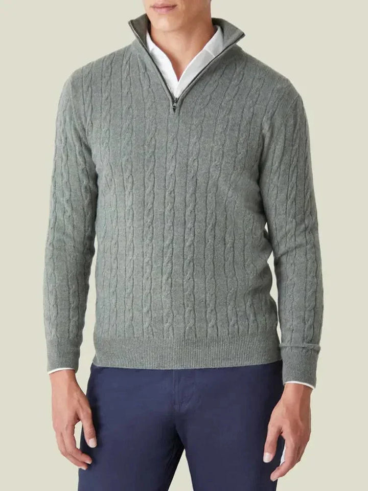 Versatile men's cable knit half-zip sweater. Great for layering, a comfortable and smart casual pullover.