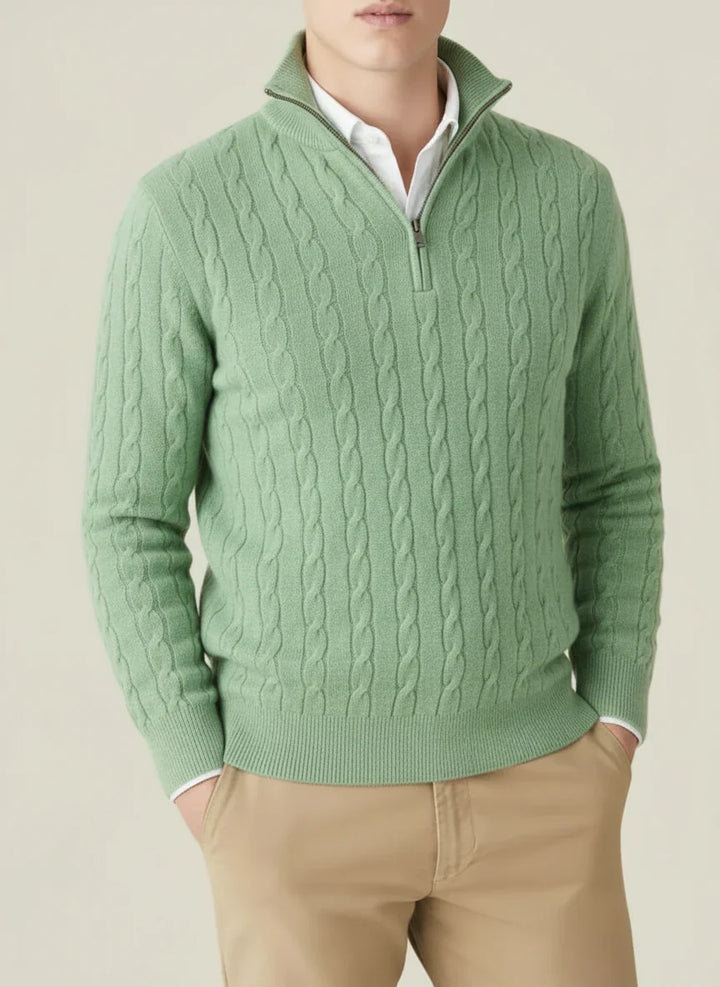Man wearing a classic cable knit half-zip jumper. Effortlessly smart casual style for cold autumn/winter days.