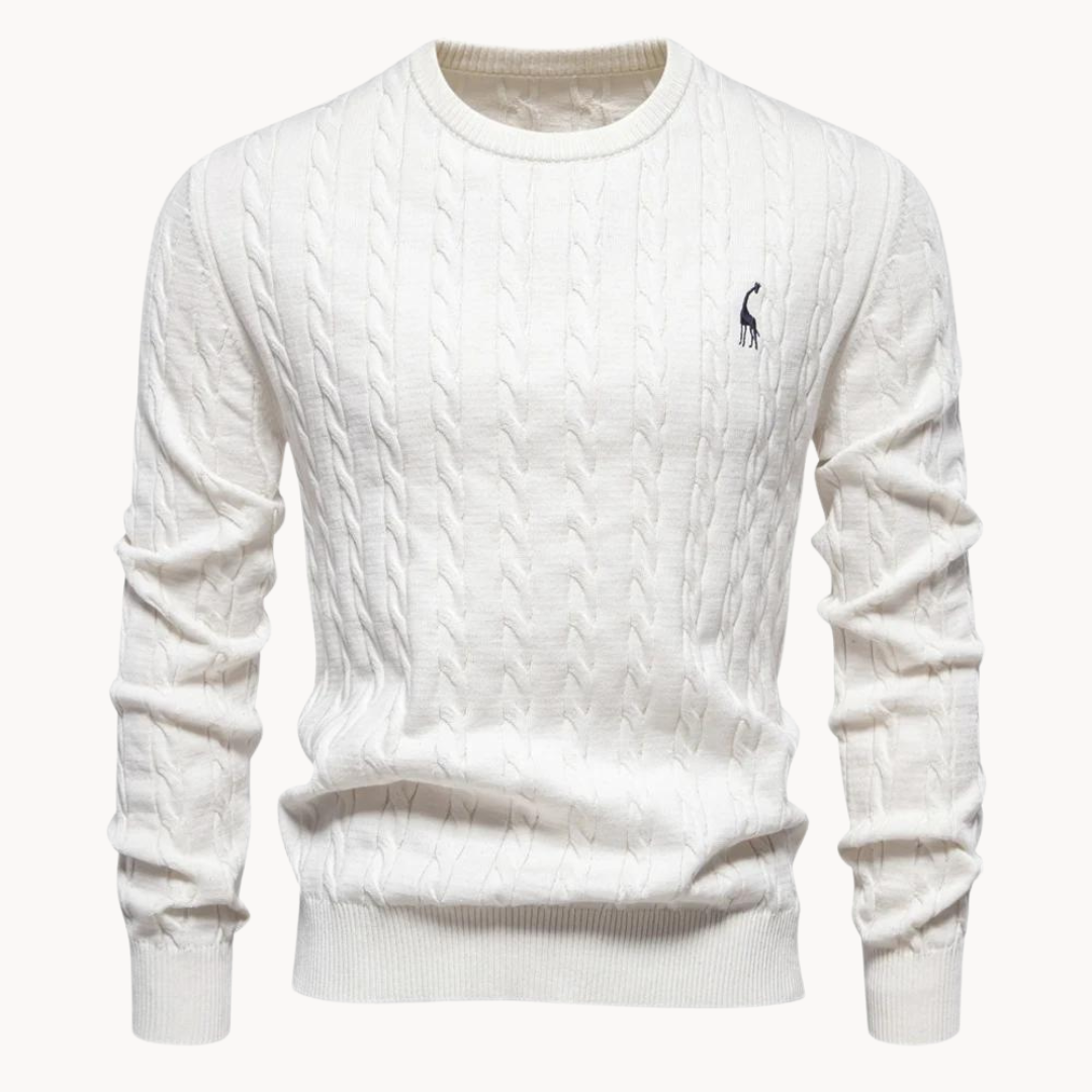Men's classic cable knit sweater in a rich navy, perfect for winter layering and casual style.