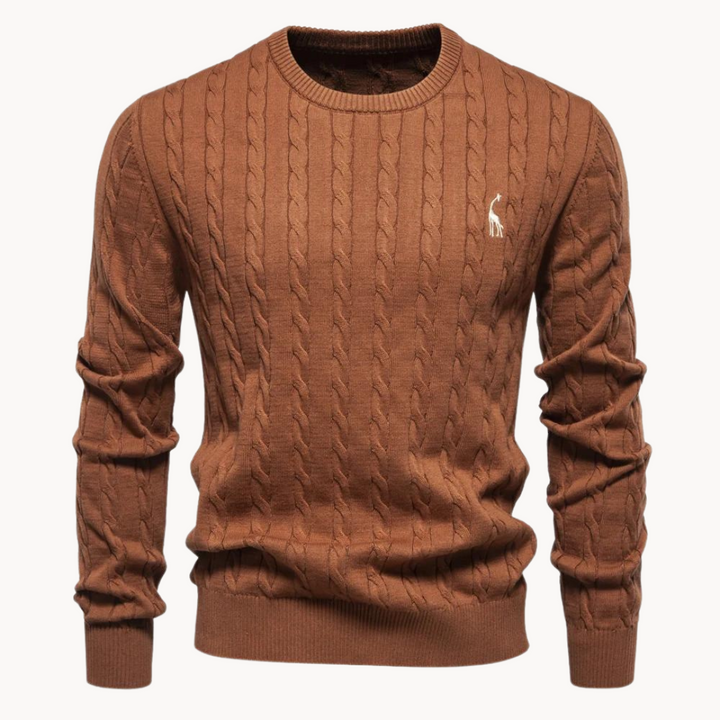 Men's heather gray cable knit crew neck sweater, offering classic style and comfortable winter wear.
