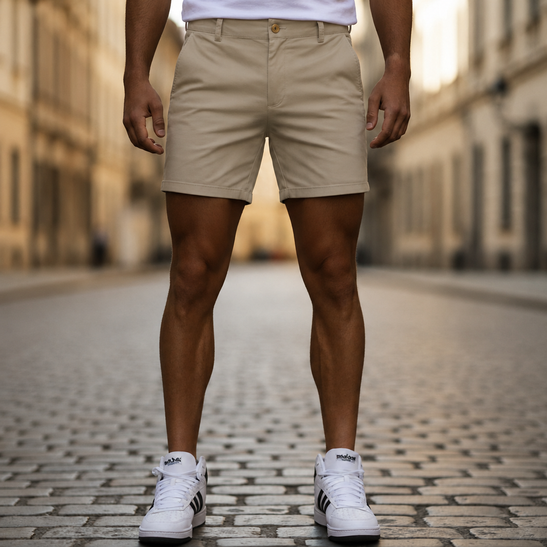 Tailored fit men's chino shorts, offering everyday comfort & classic style for summer apparel.
