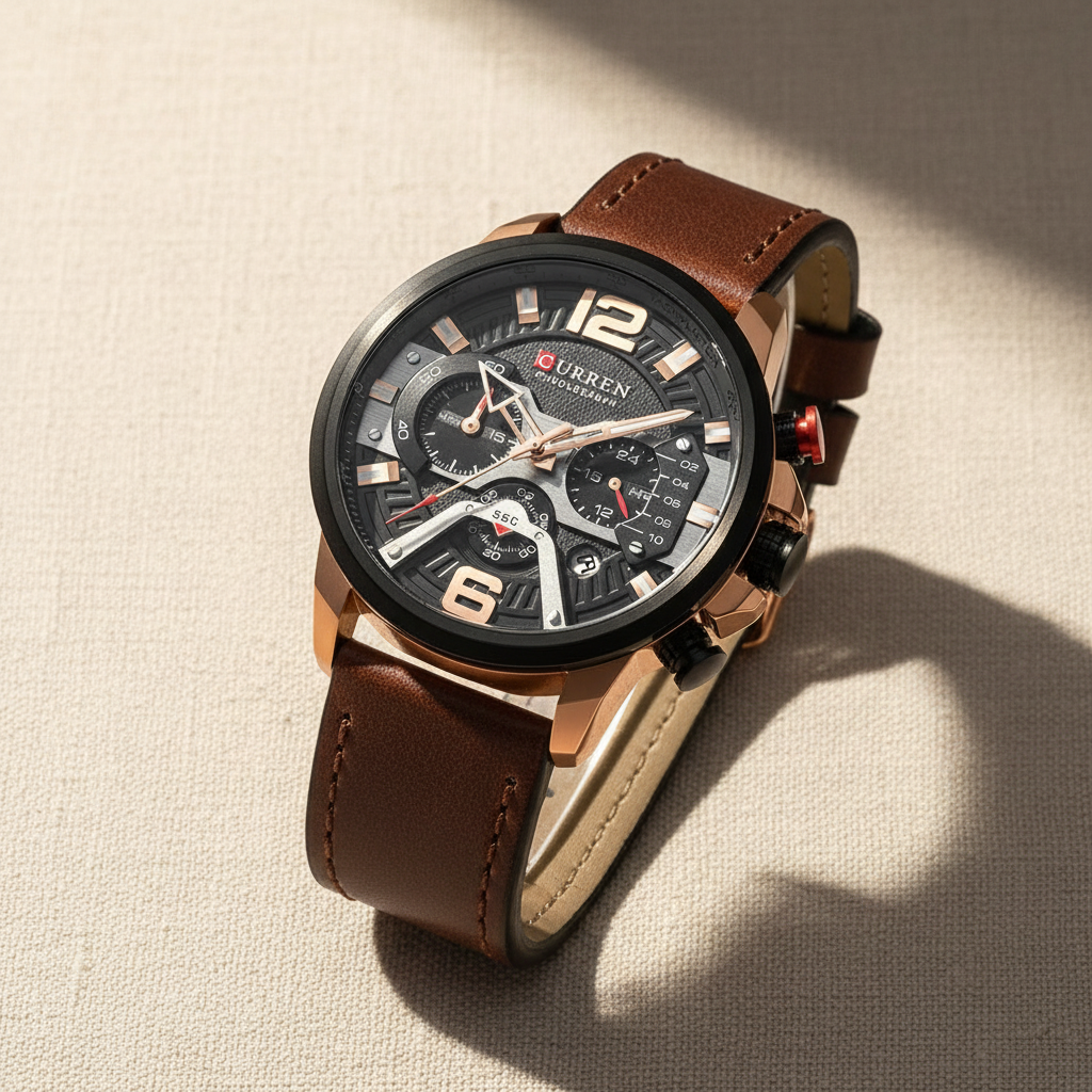 Close-up of men's chronograph watch face, showing intricate sub-dials, silver hands, and date display on white dial.