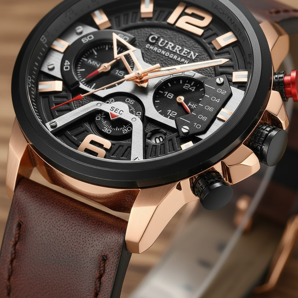 Three-quarter view of a men's classic timepiece, featuring a chronograph function and a comfortable leather strap.